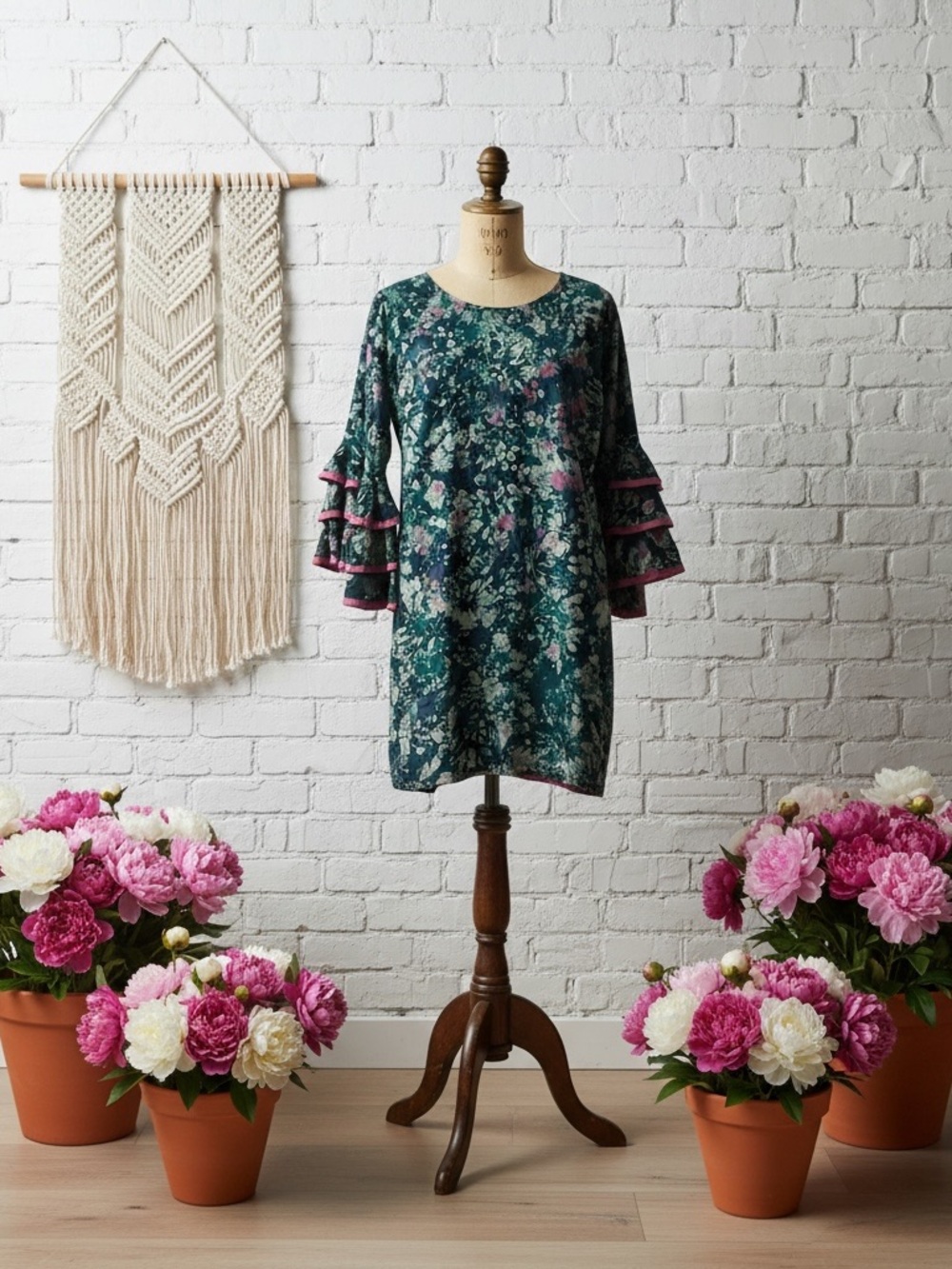 Vintage Teal Floral Midi Dress with Pink Trimmed Ruffle Sleeves